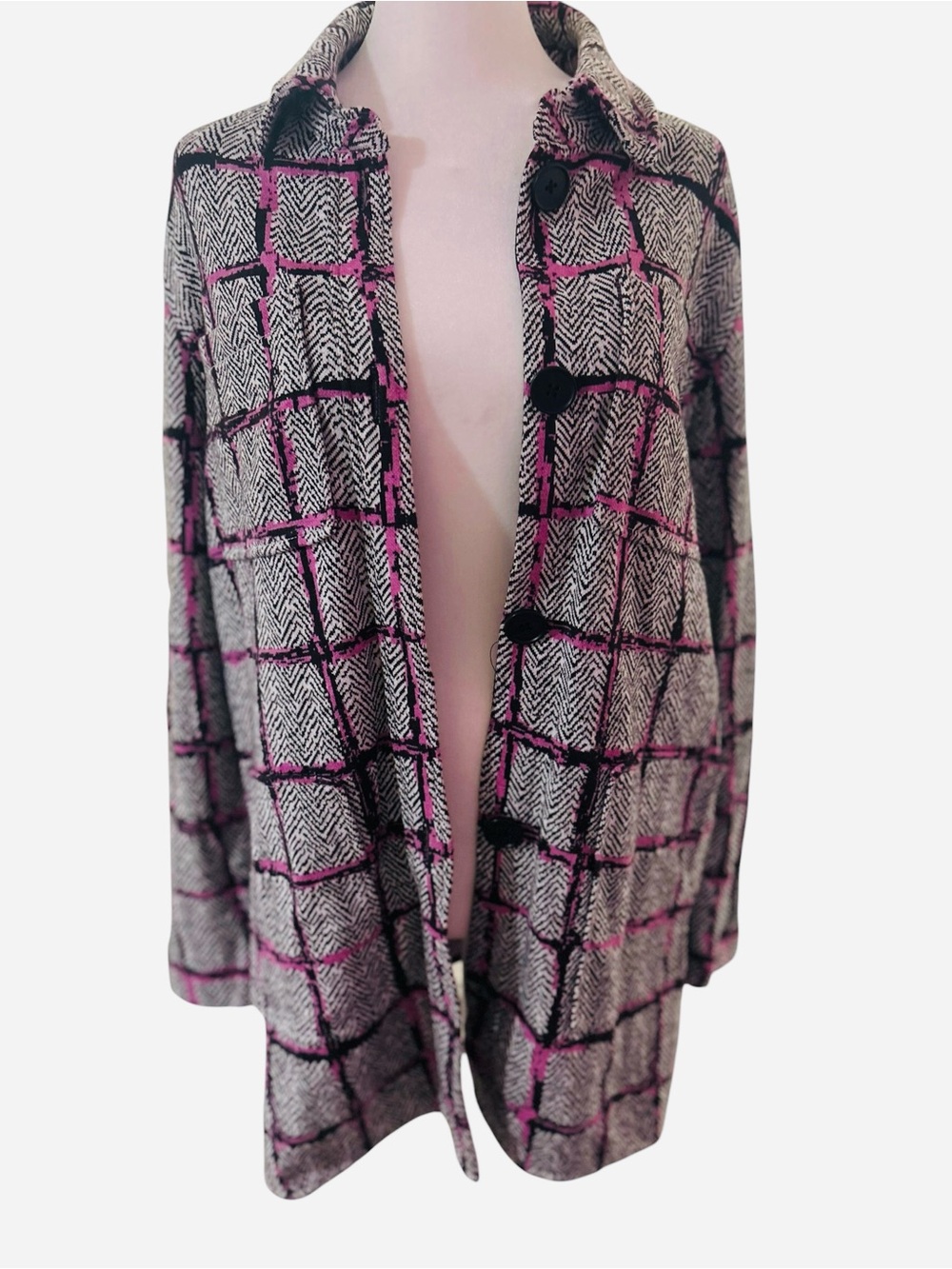 Nic + Zoe Pink Plaid Herringbone Shirt Jacket S Oversized Long Shacket